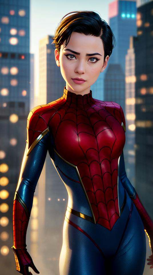 Closeup fullbody portrait of teeny female Spiderman,  gnger short hair,  city on Tensor.Art