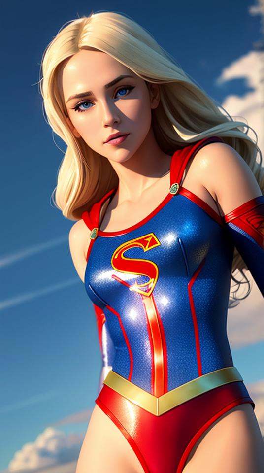Closeup fullbody portrait of teeny Supergirl,  blonde long hair flying in the skyes,  intricate background on Tensor.Art