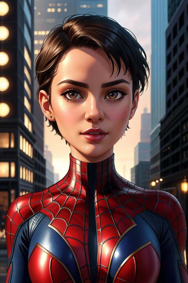 Closeup fullbody portrait of teeny female Spiderman,  gnger short hair,  city on Tensor.Art