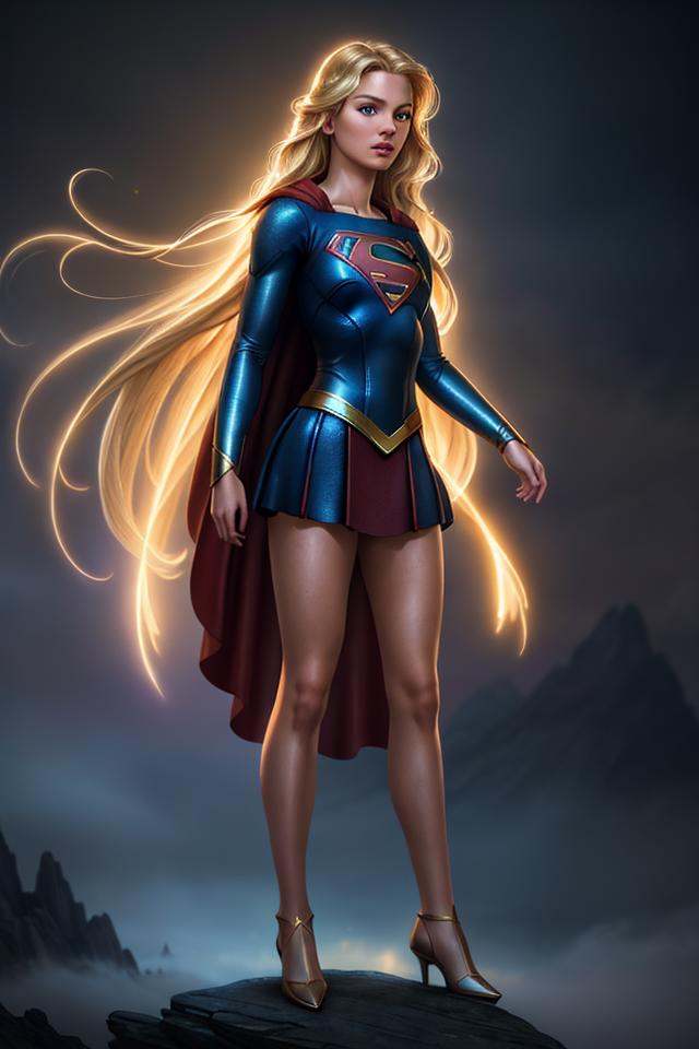 Long exposure photo of Closeup fullbody portrait of teeny Supergirl,  blonde long hair flying in the skyes,  intricate bac...