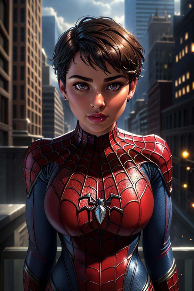 Thick layered papercut art of Closeup fullbody portrait of teeny female Spiderman,  gnger short hair,  city on Tensor.Art