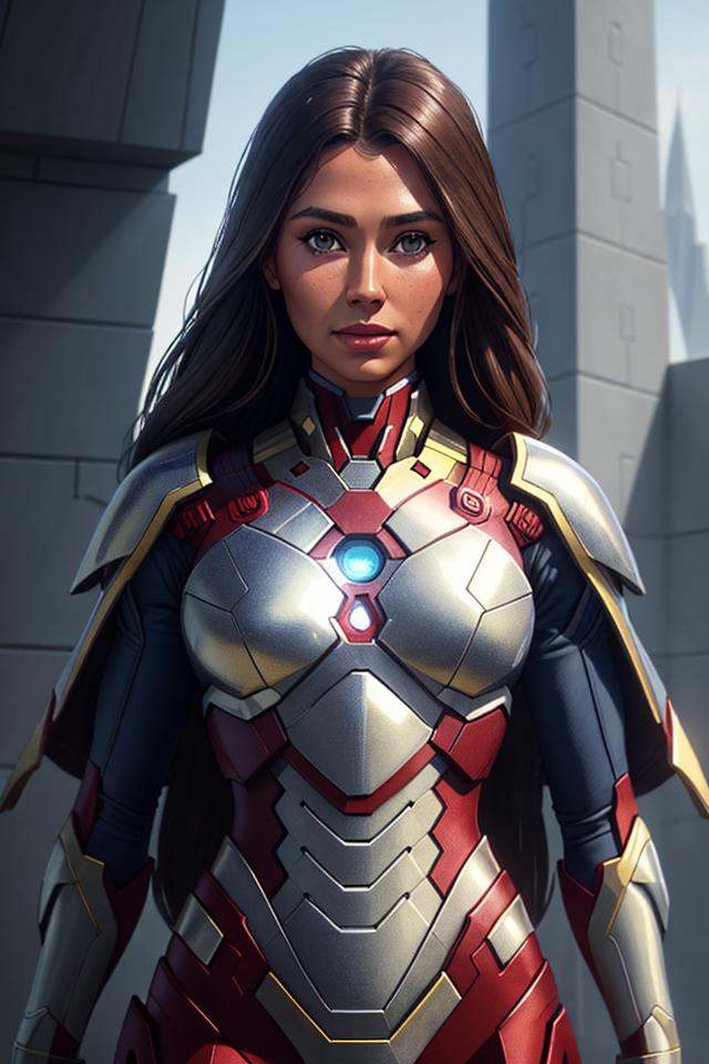 Architectural style Closeup fullbody portrait of female Ironman,  crimsone long hair,  intricate background on Tensor.Art