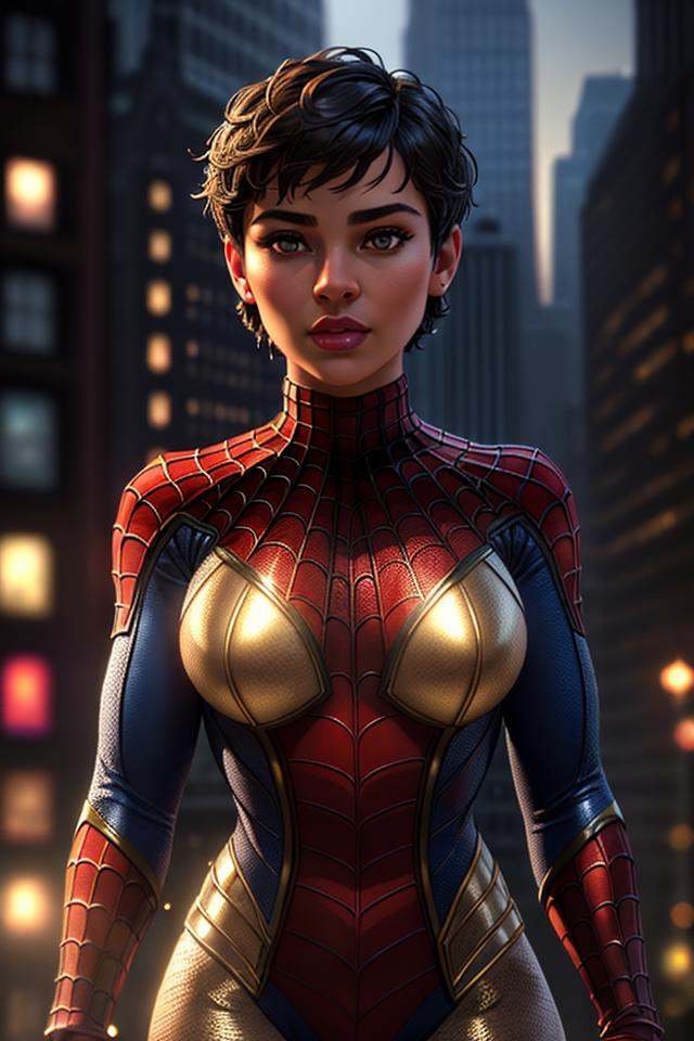 Thick layered papercut art of Closeup fullbody portrait of teeny female Spiderman,  gnger short hair,  city on Tensor.Art