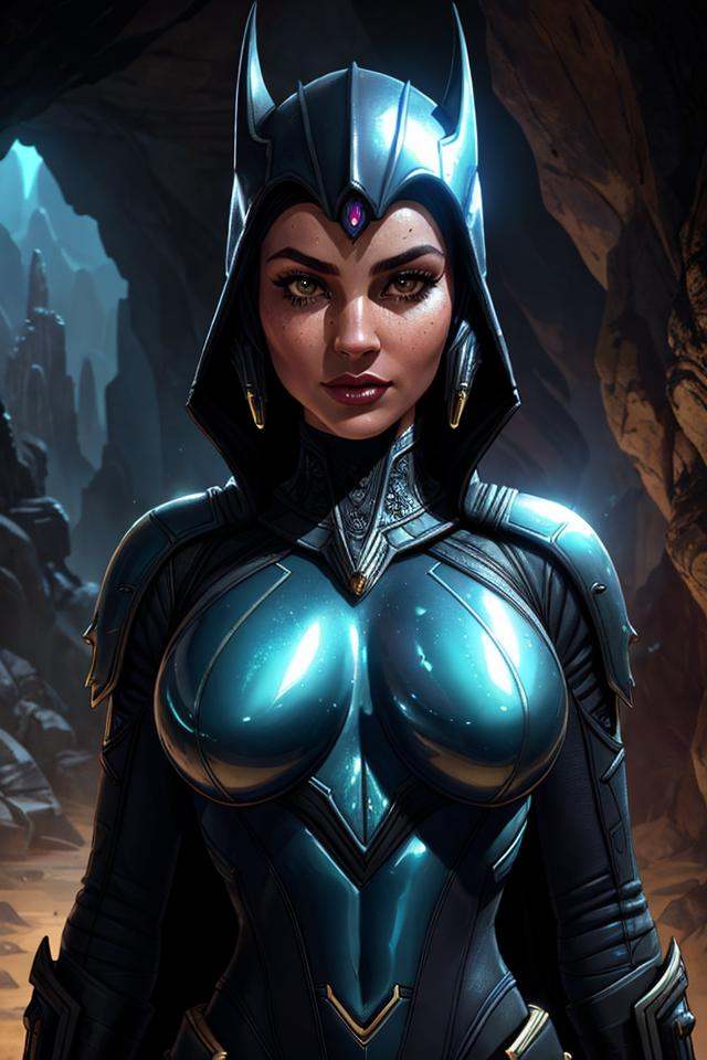 Alien-themed Closeup fullbody portrait of female Batman,  Steampunk Cave background,  atmospheric scene on Tensor.Art