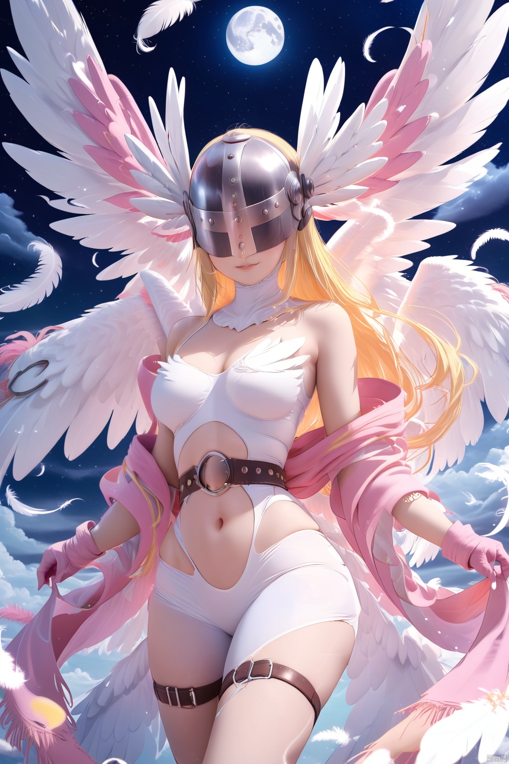 1girl,digimon,long hair,solo,blonde hair,helmet,wings,covered eyes,asymmetrical clothes,feathers,gloves,thigh strap,bare shoulders,head wings,shawl,belt,hagoromo,white_wings,scenery,starry_sky,runar,stars,night,cloud,Six Wings,moon,single pantsleg