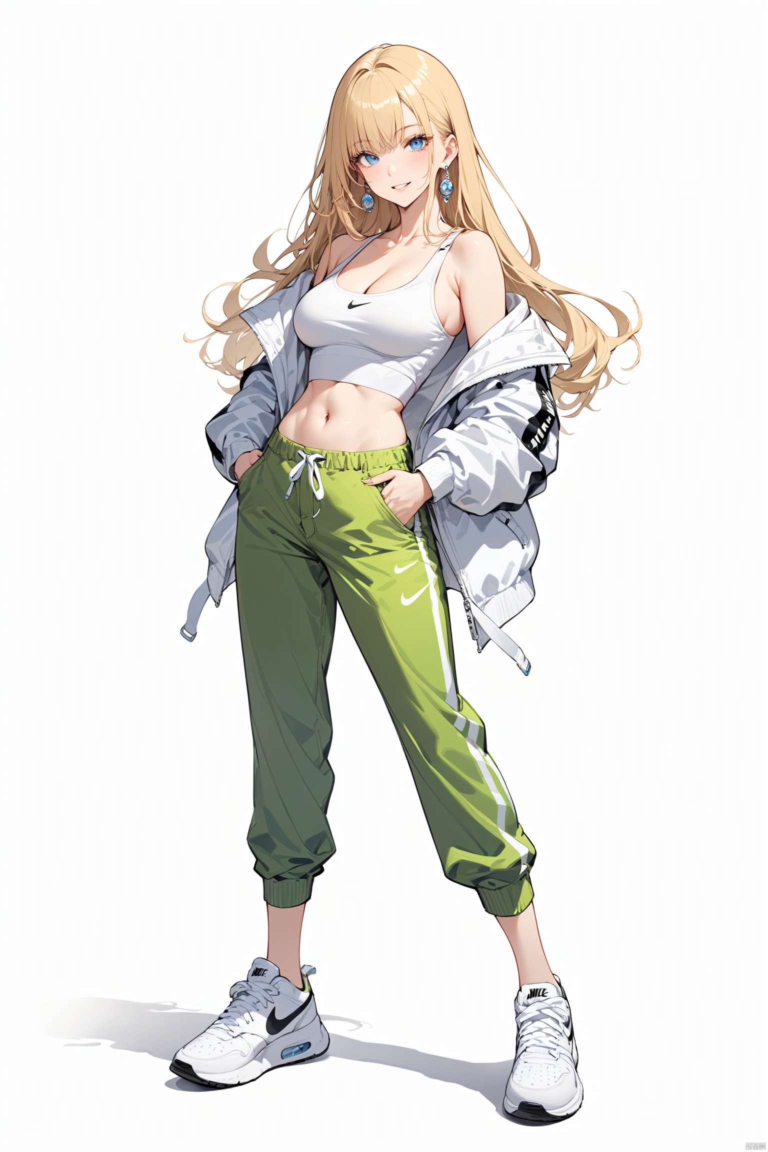  (best quality), ((masterpiece)), (highres), illustration, original, extremely detailed . ooo, 1girl, solo, long hair, breasts, white background, full body, simple background, blonde hair, sneakers, pants, shoes, blue eyes, looking at viewer, navel, white footwear, jewelry, earrings, crop top, off shoulder, midriff, jacket, hands in pockets, bare shoulders, green pants, smile, standing, cleavage, parted lips, open clothes, **** top, medium breasts, collarbone, open jacket, floating hair, nike, white jacket