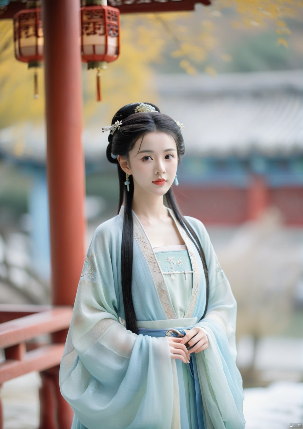 hanfu dress,chinese clothes,a beautiful girl is standing,The Han costume of the Song Dynasty,full body,beautiful face,be affectionate,long eyelashes,high nose,Song Dynasty Hanfu,baby blue long sleeves,Winter,Chinese style background,gentle depth of field and soft bokeh,Capture the image as if it were taken on an film for added charm,looking at viewer,Canon 85mm/f1.2 lens shooting,with a film style (aperture: f/1.2, ISO-100, focal length:85mm),denim lens,film,bokeh,professional,4k,highly detailed, hanfu