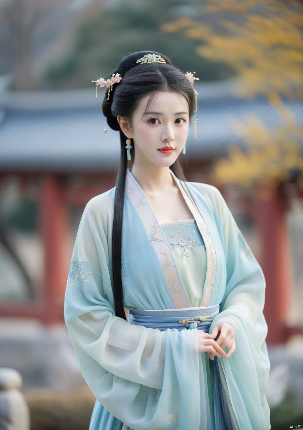hanfu dress,chinese clothes,a beautiful girl is standing,The Han costume of the Song Dynasty,full body,beautiful face,be affectionate,long eyelashes,high nose,Song Dynasty Hanfu,baby blue long sleeves,Winter,Chinese style background,gentle depth of field and soft bokeh,Capture the image as if it were taken on an film for added charm,looking at viewer,Canon 85mm/f1.2 lens shooting,with a film style (aperture: f/1.2, ISO-100, focal length:85mm),denim lens,film,bokeh,professional,4k,highly detailed, hanfu