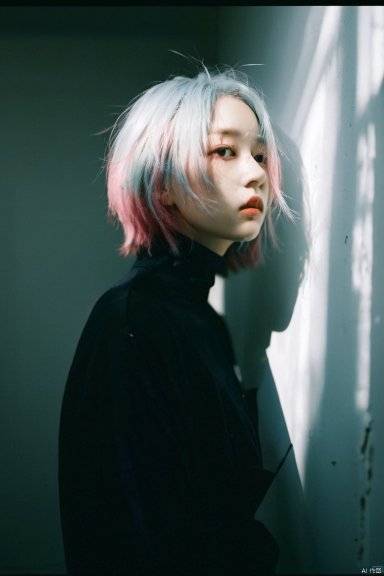  depressed, portrait of 1girl by Bill Henson, depressed, ruins, shadows, dramatic lighting, sunset, contemporary, dark, expressionism, dystopia, industrial,Half bodysliver gradient Short hair,(sliver hair:1.1),(light blue hair:1.1),(pink hair:1.2), hubg_jsnh, sunlight, monkren, portrait of a woman