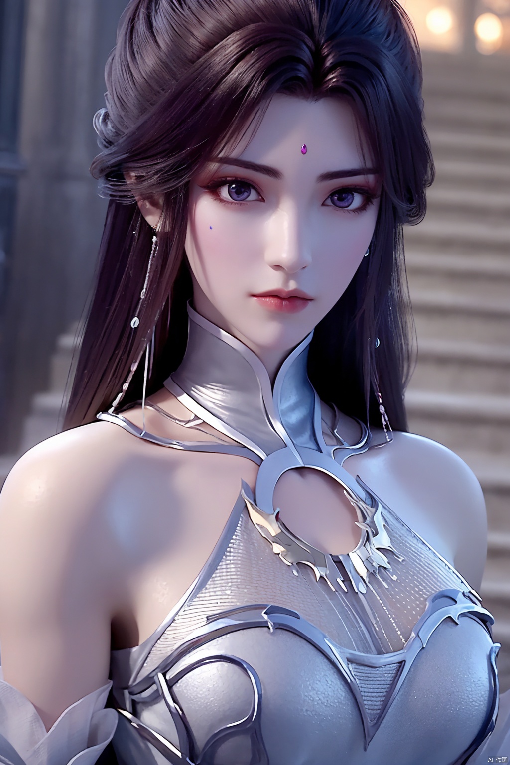 1girl, solo, long hair, brown hair, dress, bare shoulders, jewelry, closed mouth, upper body, earrings, facial mark, expressionless, forehead mark, yuechan<lora:EMS-321311-EMS:0.800000>