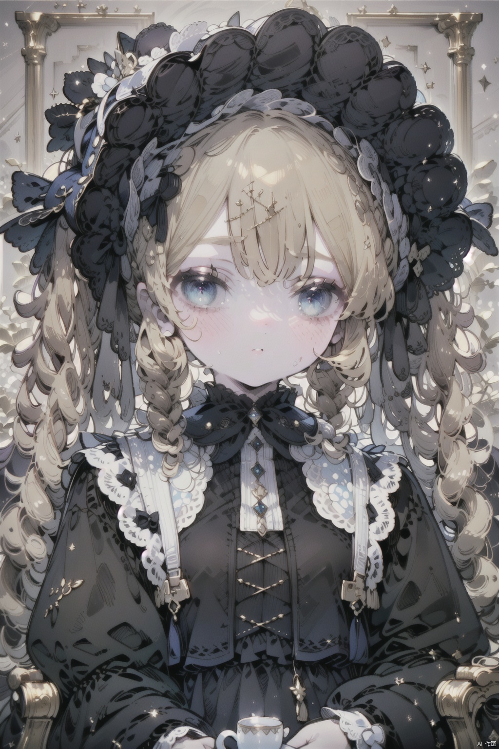 best quality, masterpiece, super details, fine fabrics, high detailed eyes and detailed face, extremely fine and detailed, perfect details, 1 girl, solo, upper body, very long hair, looking at viewer, no expression, blue eyes, lolita dress, blonde hair, hair ornament, bonnet hat, long sleeves, curly twintails, indoor, luxurious background, black tea, lace_trimmed sleeve, holding the tea cup, sitting in the chair
