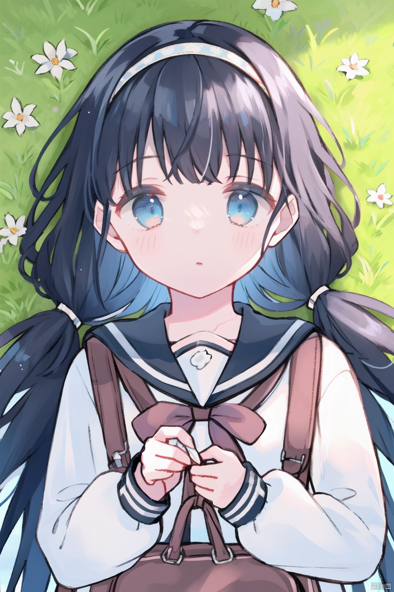 best quality, masterpiece, super details, fine fabrics, high detailed eyes and detailed face, extremely fine and detailed, perfect details, 1 girl, solo, upper body, very long hair, looking at viewer, no expression, blue eyes, sailor shirts, black hair, ribbon hairband, long sleeves, twin braid, outdoor, cityscape background, school bag, holding the envelope, lying on the grass, river