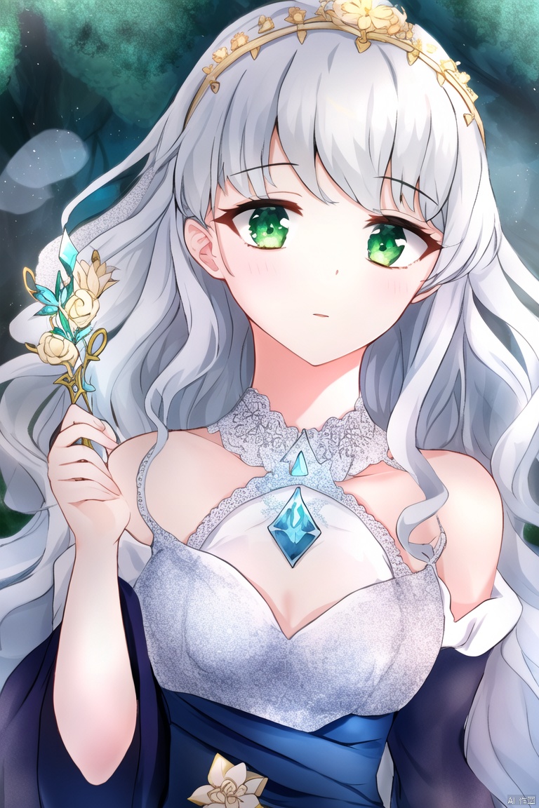 elegant, ethereal beauty, intricate details, flowing fabrics, mesmerizing eyes and captivating face, exquisitely fine and detailed, flawless details, 1 girl, solo, upper body, waist-length hair, gazing into the distance, serene expression, green eyes, ball gown, silver hair, floral crown, off-shoulder sleeves, wavy locks, enchanted forest background, holding a crystal in hand