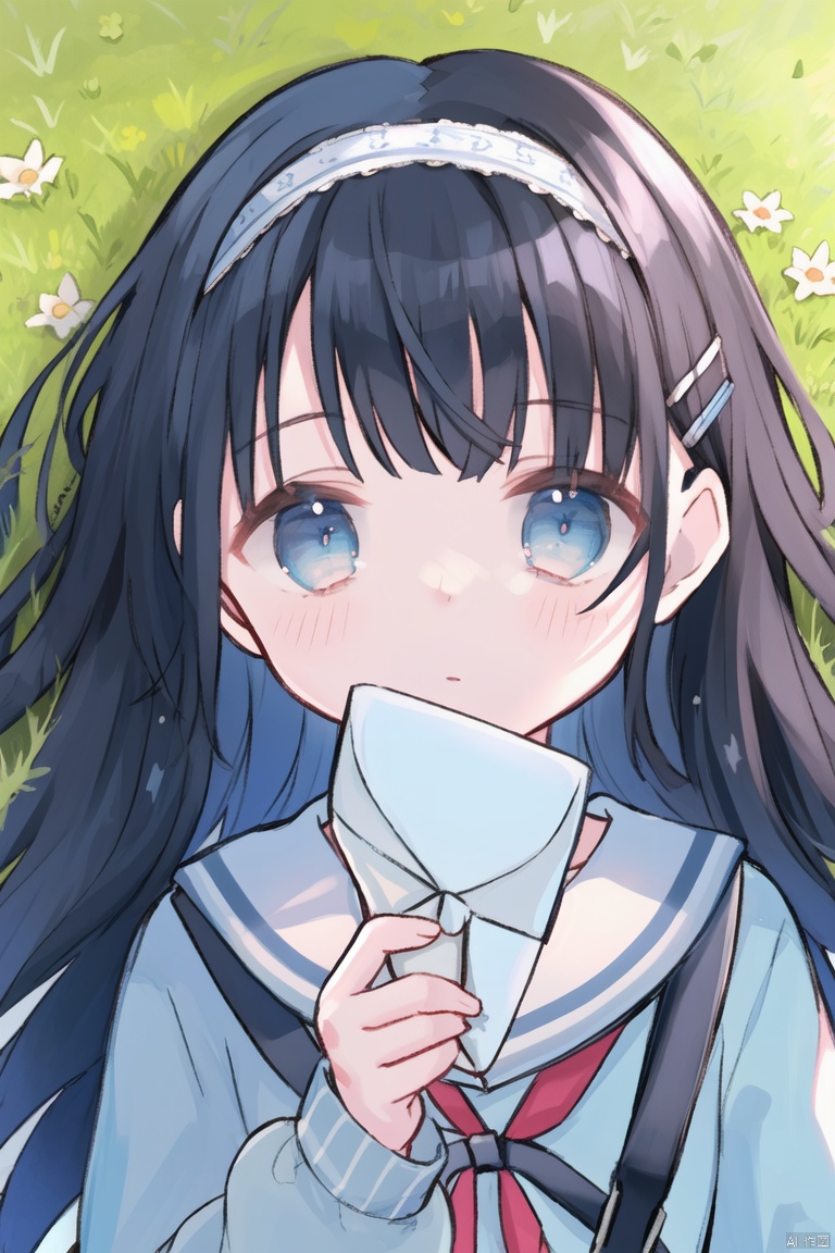 best quality, masterpiece, super details, fine fabrics, high detailed eyes and detailed face, extremely fine and detailed, perfect details, 1 girl, solo, upper body, very long hair, looking at viewer, no expression, blue eyes, sailor shirts, black hair, ribbon hairband, long sleeves, twin braid, outdoor, cityscape background, school bag, holding the envelope, lying on the grass, river
