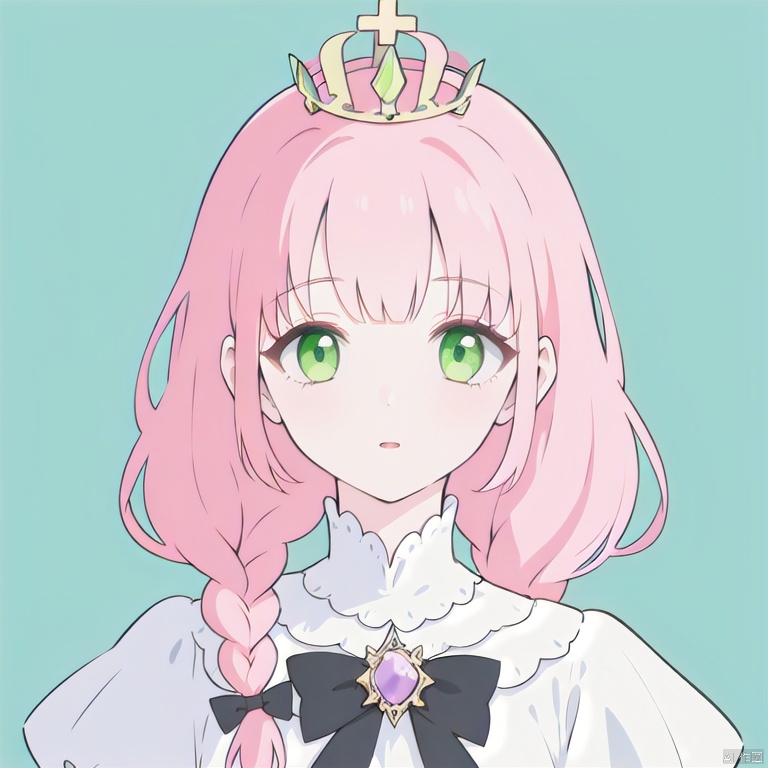  a girl, masterpiece, 8k, best quality, pink hair, braided hairstyle, green eyes, fantasy style, ball gown, headshot, crown decorated