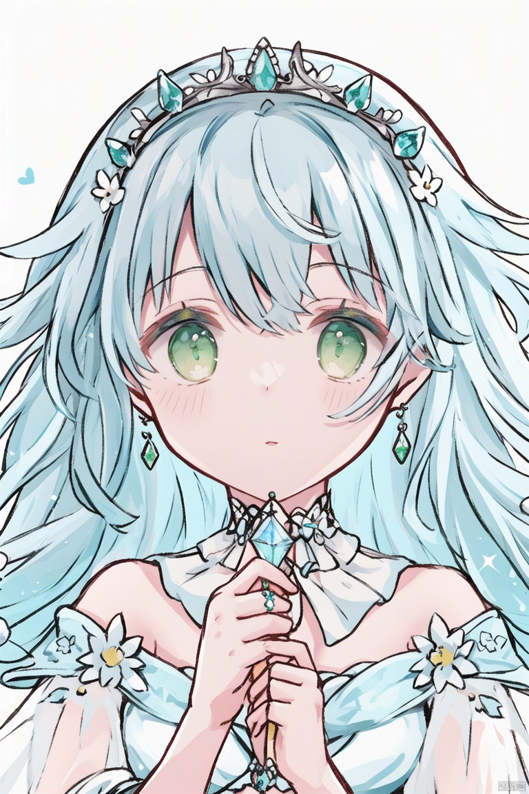 elegant, ethereal beauty, intricate details, flowing fabrics, mesmerizing eyes and captivating face, exquisitely fine and detailed, flawless details, 1 girl, solo, upper body, waist-length hair, gazing into the distance, serene expression, green eyes, ball gown, silver hair, floral crown, off-shoulder sleeves, wavy locks, enchanted forest background, holding a crystal in hand