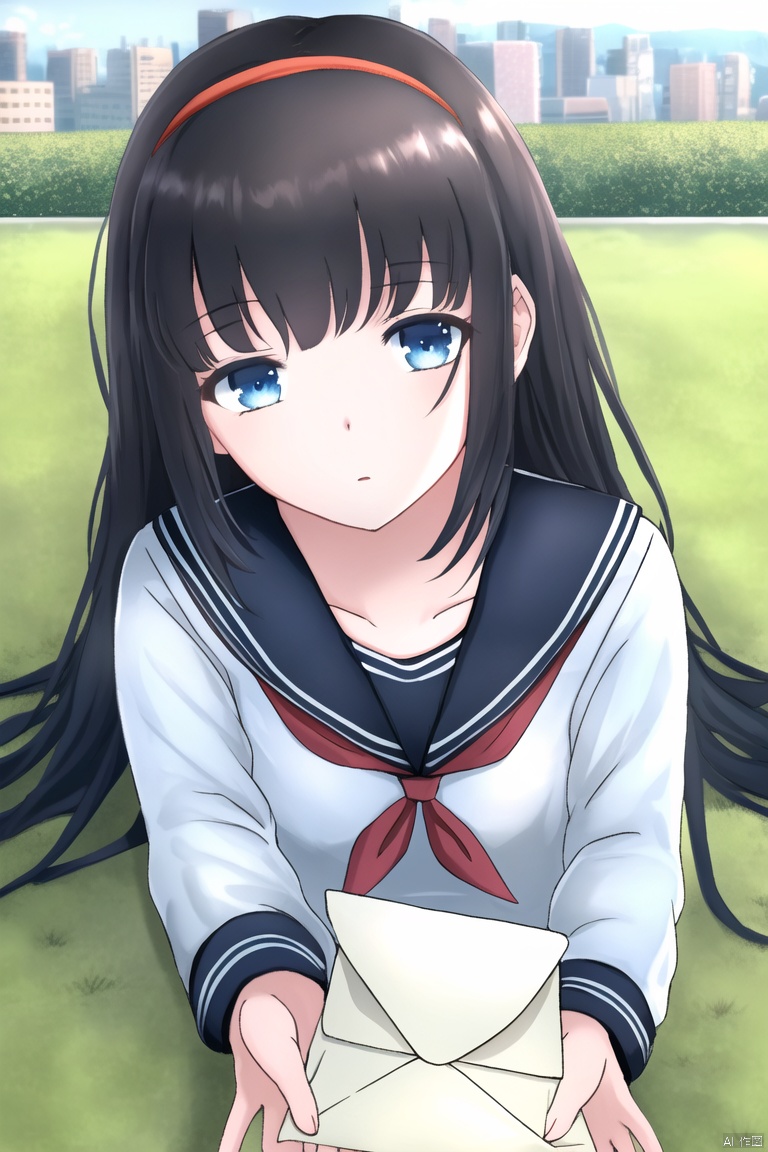  best quality, masterpiece, super details, fine fabrics, high detailed eyes and detailed face, extremely fine and detailed, perfect details, 1 girl, solo, upper body, very long hair, looking at viewer, no expression, blue eyes, sailor shirts, black hair, ribbon hairband, long sleeves, twin braid, outdoor, cityscape background, school bag, holding the envelope, lying on the grass, river