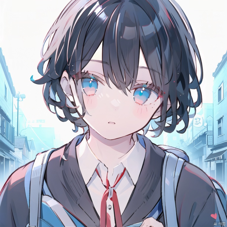 a boy, masterpiece, 8k, best quality, black hair, curly hairs, blue eyes, urban style, school background, school uniform, headshot, holding a schoolbag
