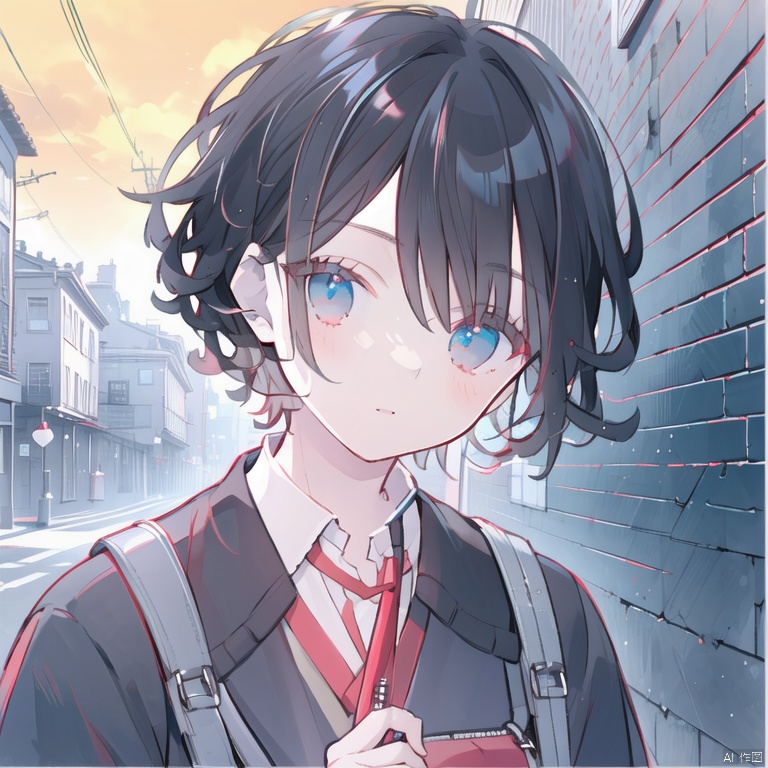 a boy, masterpiece, 8k, best quality, black hair, curly hairs, blue eyes, urban style, school background, school uniform, headshot, holding a schoolbag