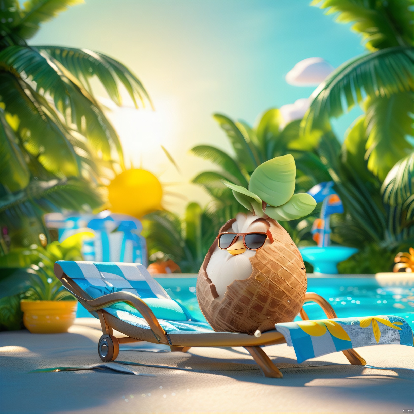  Coconut chicken,The image showcases a whimsical scene of a coconut character lounging on a sun lounger by a pool. The coconut character is wearing sunglasses and has a leafy green accessory on its head. The background features a vibrant pool with clear blue water, surrounded by palm trees and a sunny sky with a yellow sun. There's also a fountain in the distance, and the overall ambiance of the image is cheerful and relaxed.