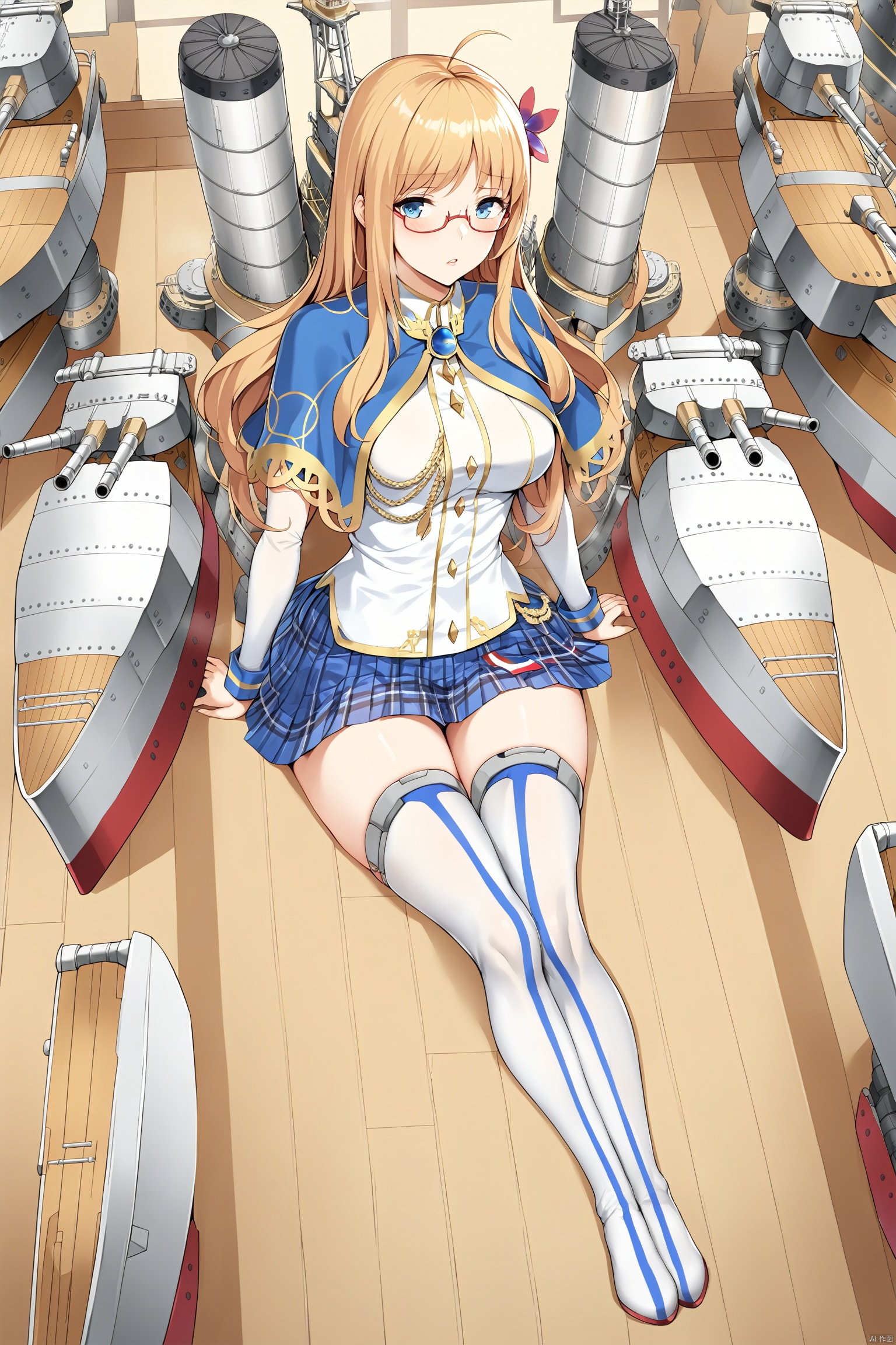 (masterpiece), (best quality), 1girl, (masterpiece),(best quality),1girl, hair ornament,glasses,long hair,thighhighs,striped,semi-rimless eyewear,rigging,blue eyes, full body, hair flower,skirt,blonde hair,ahoge, uniform, striped, thighhighs,pleated skirt,plaid,capelet,red-framed eyewear,(full_body:1.2), hood,large_breasts,elbow_gloves,indoors,sitting,(white_thigh_boots:1.3),highheels,