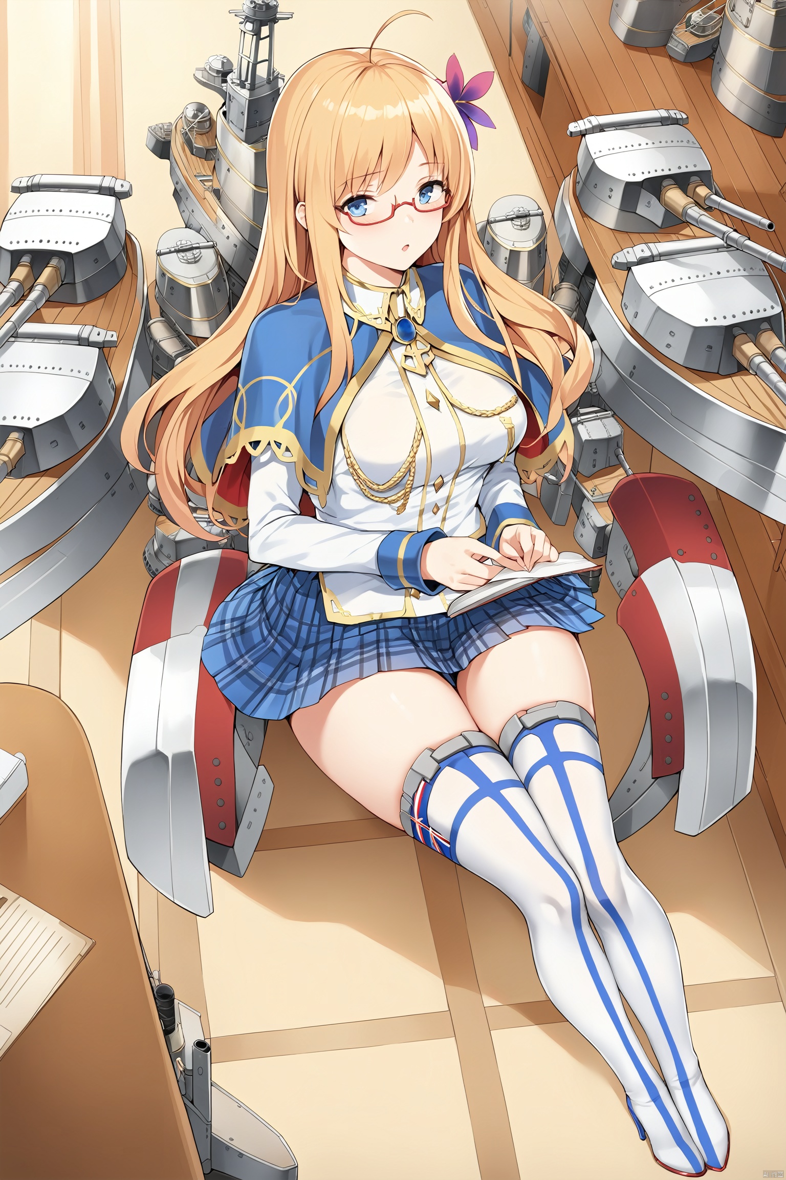 (masterpiece), (best quality), 1girl, (masterpiece),(best quality),1girl, hair ornament,glasses,long hair,thighhighs,striped,semi-rimless eyewear,rigging,blue eyes, full body, hair flower,skirt,blonde hair,ahoge, uniform, striped, thighhighs,pleated skirt,plaid,capelet,red-framed eyewear,(full_body:1.2), hood,large_breasts,elbow_gloves,indoors,sitting,(white_thigh_boots:1.3),highheels,