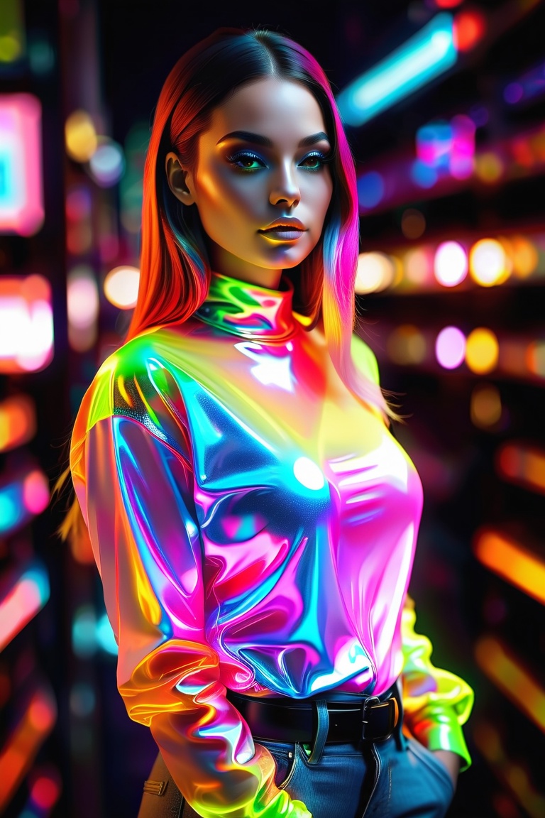 A beautiful hip-hop girl wearing Luminescent Clothing-in-the-dark shirt,  LuminescentCL,  glass shiny style on Tensor.Art