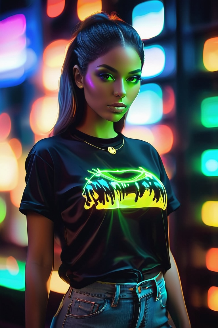 A beautiful hip-hop girl wearing a glow-in-the-dark shirt,  LuminescentCL on Tensor.Art