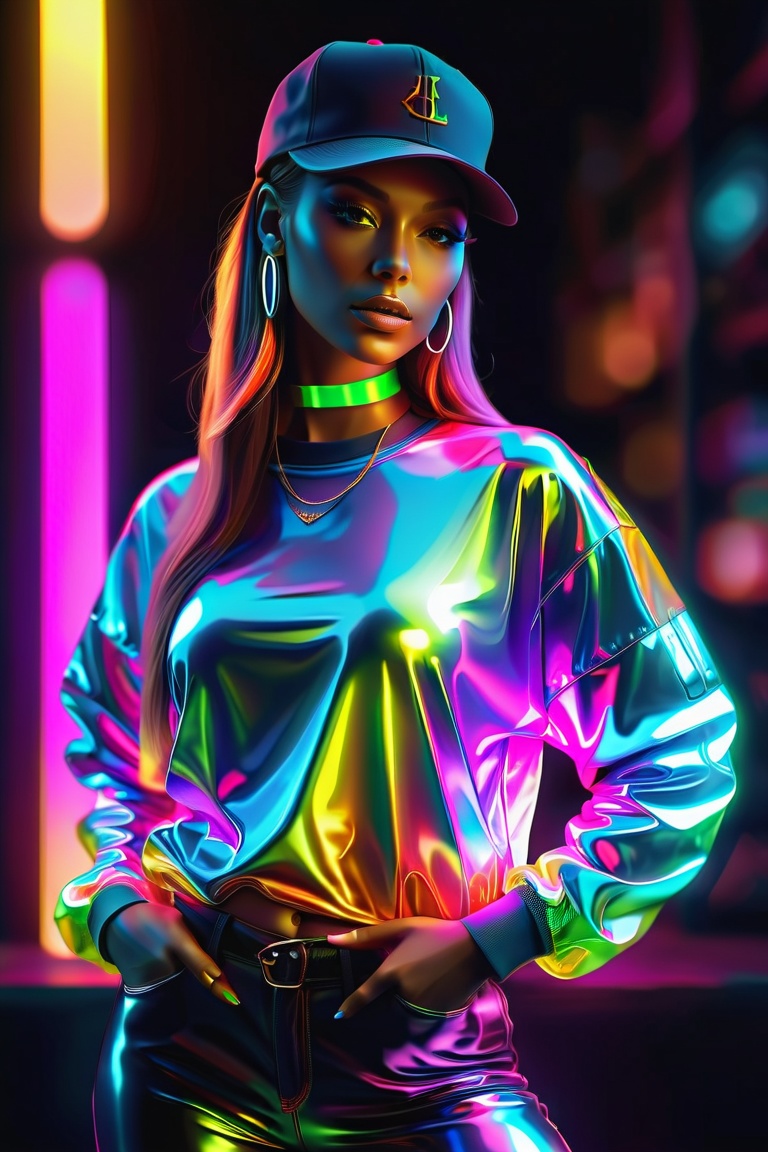 A beautiful hip-hop girl wearing Luminescent Clothing-in-the-dark shirt,  LuminescentCL,  glass shiny style on Tensor.Art