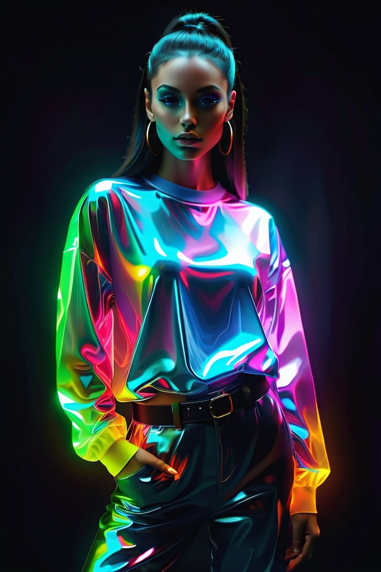 A beautiful hip-hop girl wearing Luminescent Clothing-in-the-dark shirt,  LuminescentCL,  glass shiny style on Tensor.Art