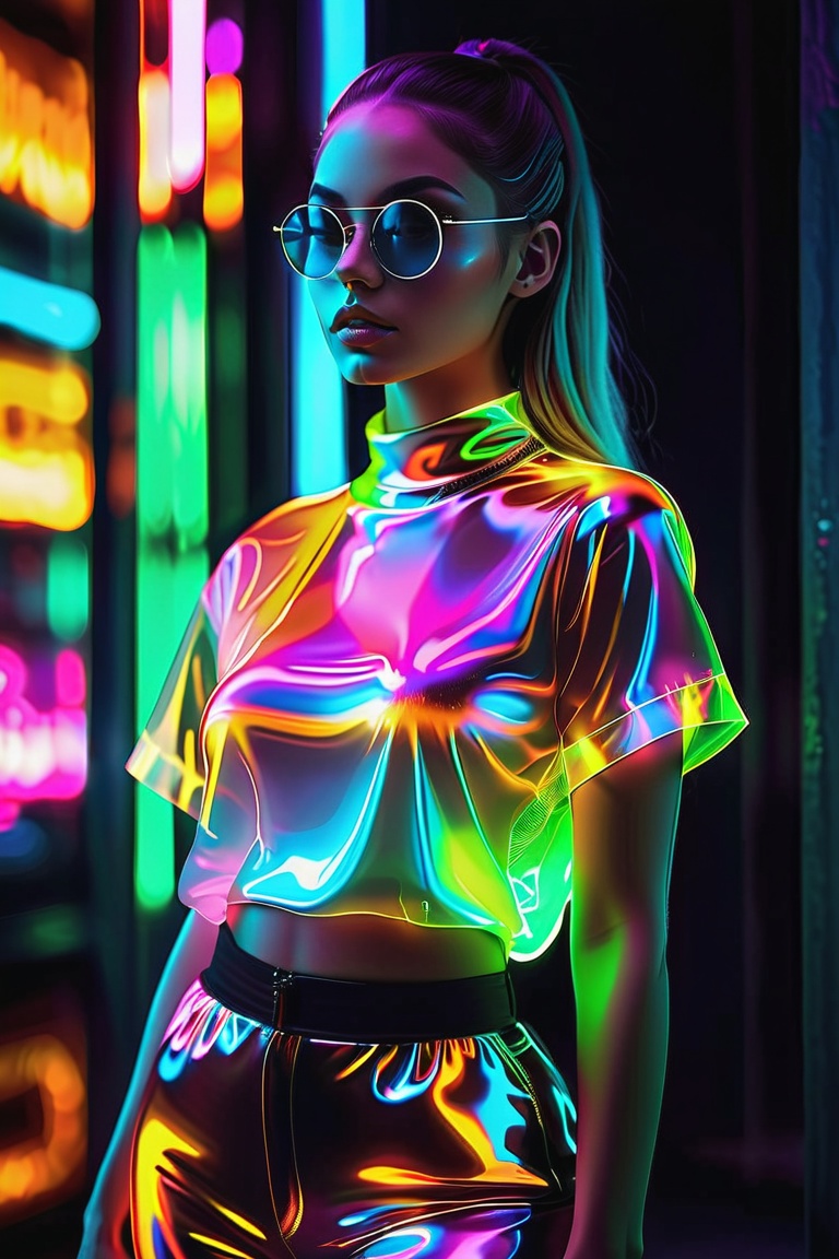 A beautiful hip-hop girl wearing Luminescent Clothing-in-the-dark shirt,  LuminescentCL,  glass shiny style on Tensor.Art