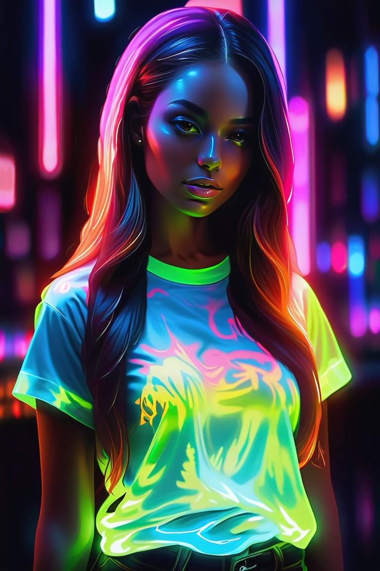 A beautiful hip-hop girl wearing a glow-in-the-dark shirt,  LuminescentCL on Tensor.Art