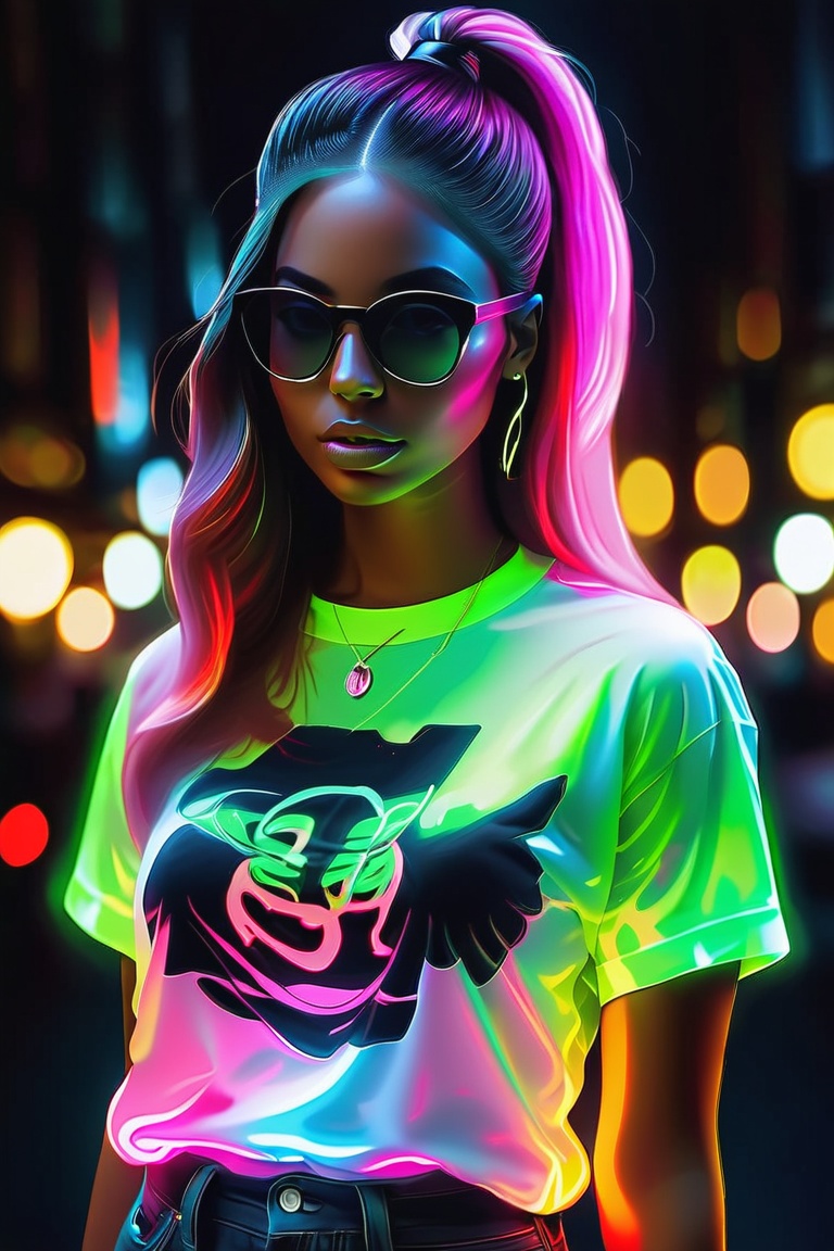 A beautiful hip-hop girl wearing a glow-in-the-dark shirt,  LuminescentCL on Tensor.Art