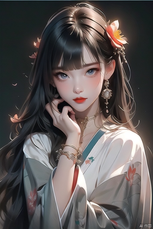  1girl,solo,black hair,long hair,jewelry,bangs,looking at viewer,blunt bangs,grey eyes,branch,bracelet,upper body,ring,flower,lips,straight hair,hand up,closed mouth,black background,red lips,japanese clothes,beads,long sleeves,