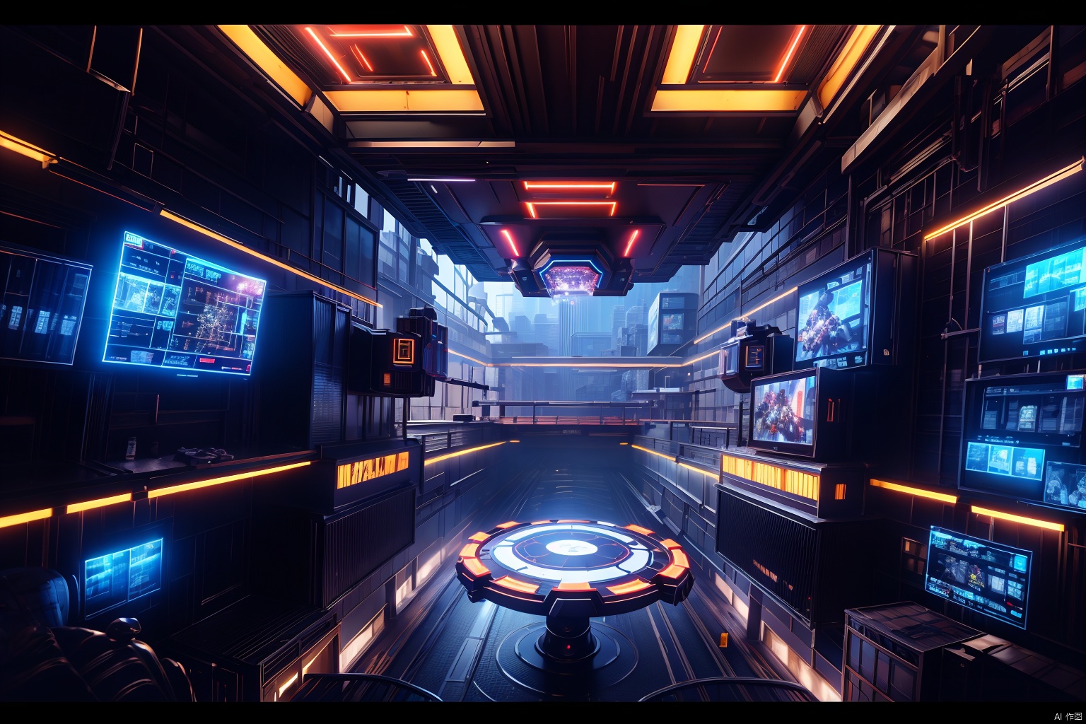 alley  bridge  building  city  cityscape  glowing  indoors  letterboxed  mecha  no humans  outdoors  road  rooftop  scenery  science fiction  skyscraper  street  tower 