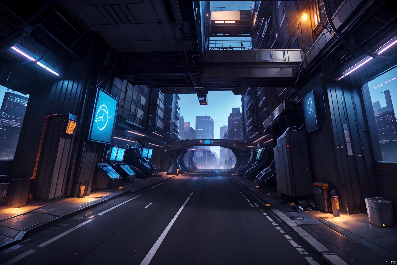 alley  bridge  building  city  cityscape  glowing  indoors  letterboxed  mecha  no humans  outdoors  road  rooftop  scenery  science fiction  skyscraper  street  tower 