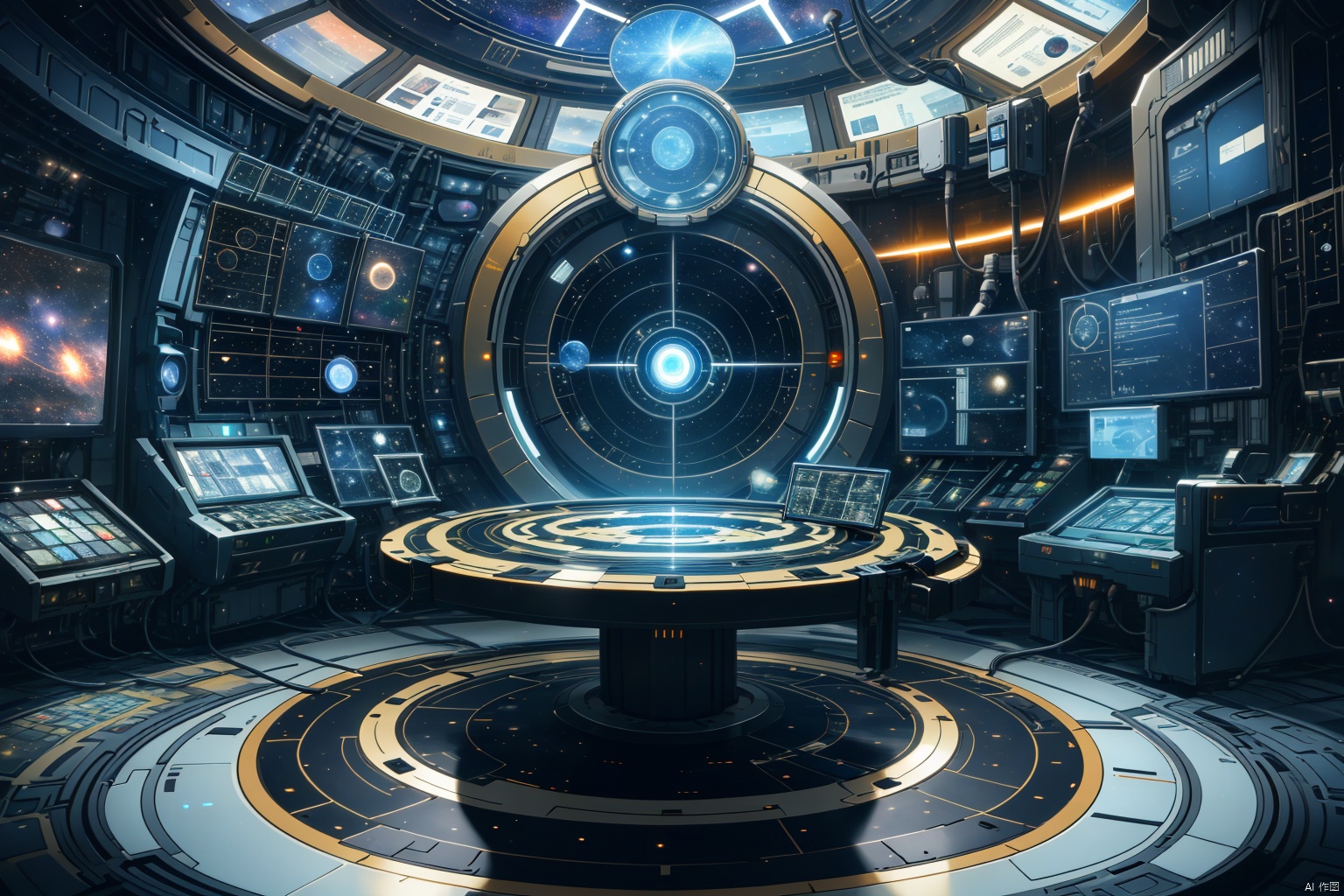 A science fiction space station with many electronic devices in the display area and several circular mirrors around it
