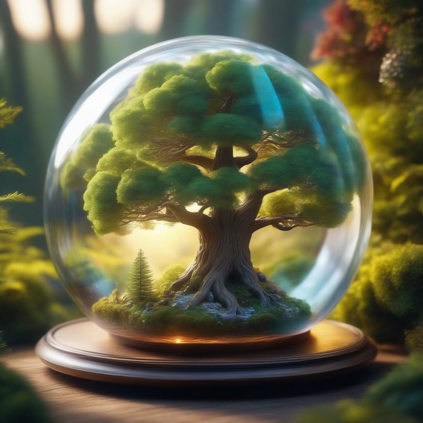 a majestic tree living inside a glass ball, intricate detail, ornate, best quality, hyperdetailed, absurdres, micro world, dramatic light, atmospheric, vivid detail, vibrant, unusual beauty, subsurface scatter, ambient occlusion, photorealistic, cg, masterpiece, award winning