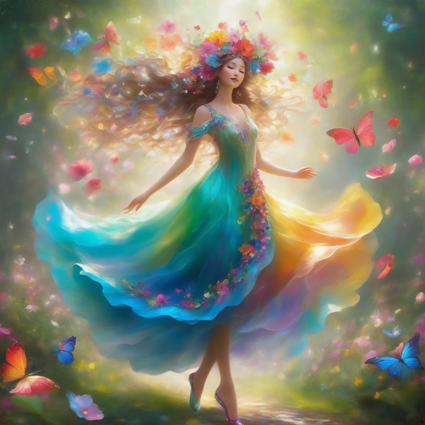 The fantasy flower spirit dances at the heart of a garden, wearing a colorful long dress made of various petals, each shimmering with a unique luster. Her hair winds like vines, and she wears a blooming fantasy flower on her head, with transparent shoes shaped like petals on her feet. Her dance is light and dreamlike, as if able to lead the viewer into a world brimming with magic.