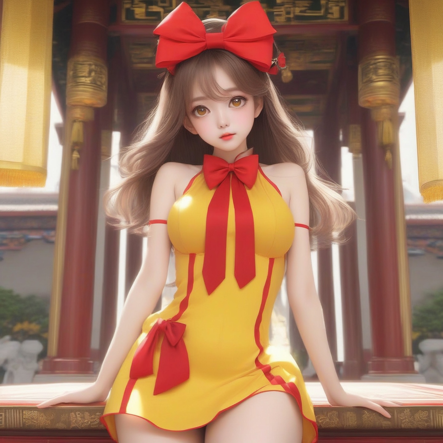 best quality,highly detailed,masterpiece,ultra-detailed,illustration,absurdres,sexgirl,Long hair,{{{Super detailed big eyes}}},{{{Delicate eyes}}},{{Exposing the wais}},{{Exposing the stomach}}},{{Exposed armpit}},belly button,{{Exposing the shoulders}},Full body,Wearing a big red bow on her head,Yellow tie,Long legs,ultra Short tops,delicate face,Outside the shrines,extremely detailed CG,Masterpieces