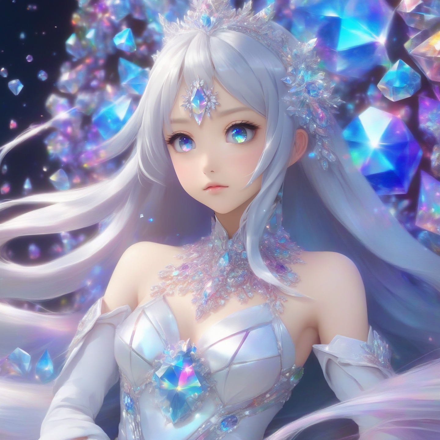 masterpiece, best quality, masterpiece,best quality,official art,extremely detailed CG unity 16k wallpaper,masterpiece, (science fiction:1.1), full body,(ultra-detailed crystallization:1.5), (crystallizing girl:1.5), kaleidoscope, ((iridescent:1.5) long hair), (glittering silver eyes), sitting, surrounded by colorful crystals, blue skin, (skin fusion with crystal:1.8),Nayuta_Area_Reception,asuna \(sao\)