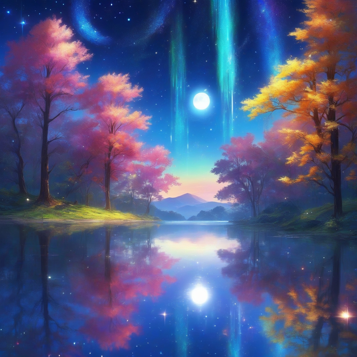 masterpiece, masterpiece, ultra-detail, meteor shower, comet, (moon:1.3), starry sky, lake reflection, dreamlike scene, colorful trees, anime CG, exquisite image