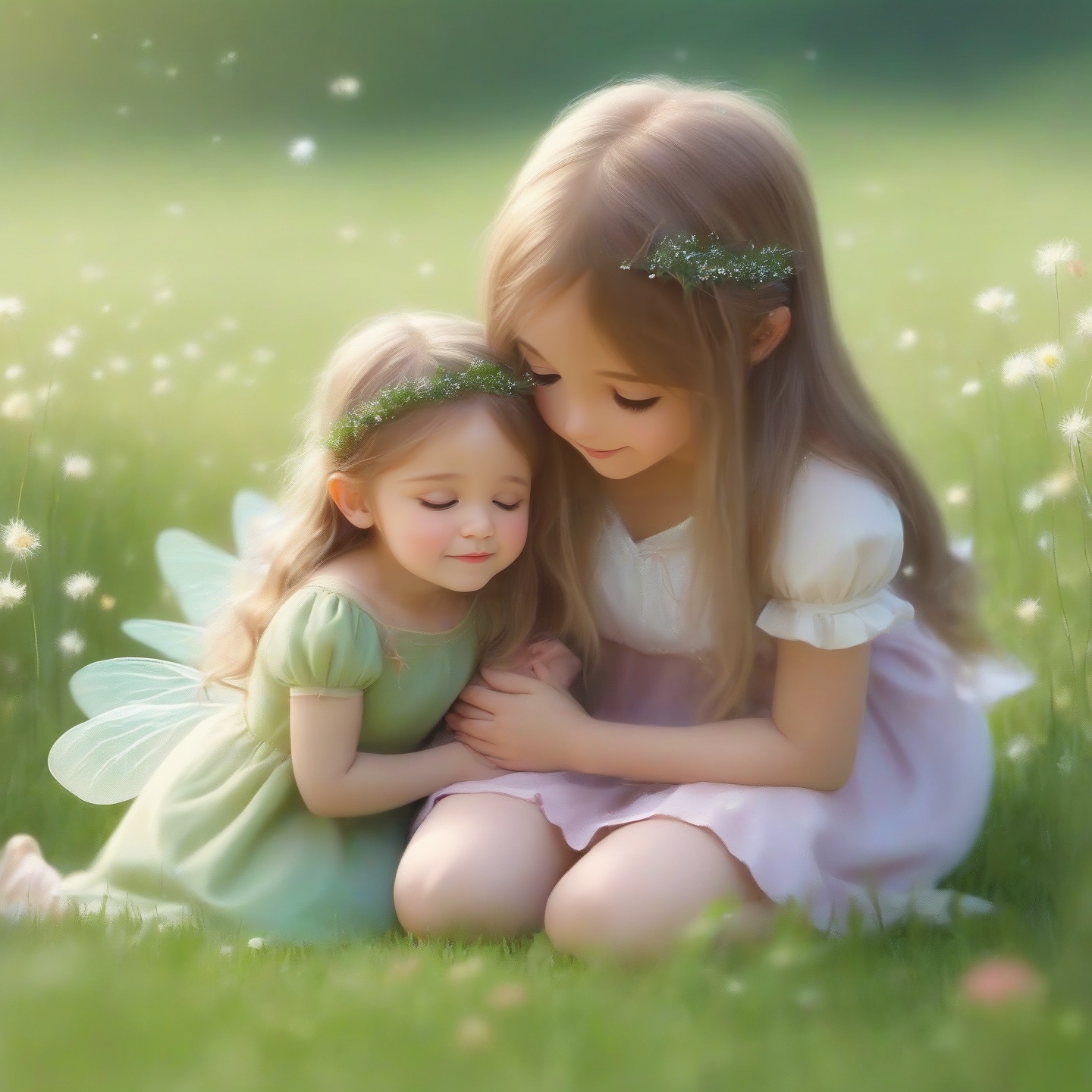 score_9, score_8_up, score_7_up, tiny fairy, very small girl, size difference, little girl, 1girl, cute, long hair, *****, kneeling on grass, hug,