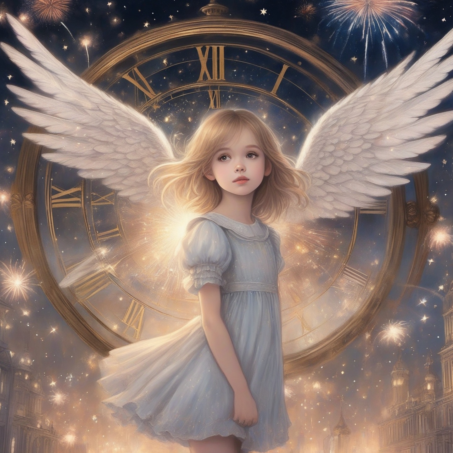 a 1girl with angel wings and a clock in the background with fireworks and stars around her, and a clock in the middle of the image, Alice Prin, elysium, a detailed drawing, neo-romanticism