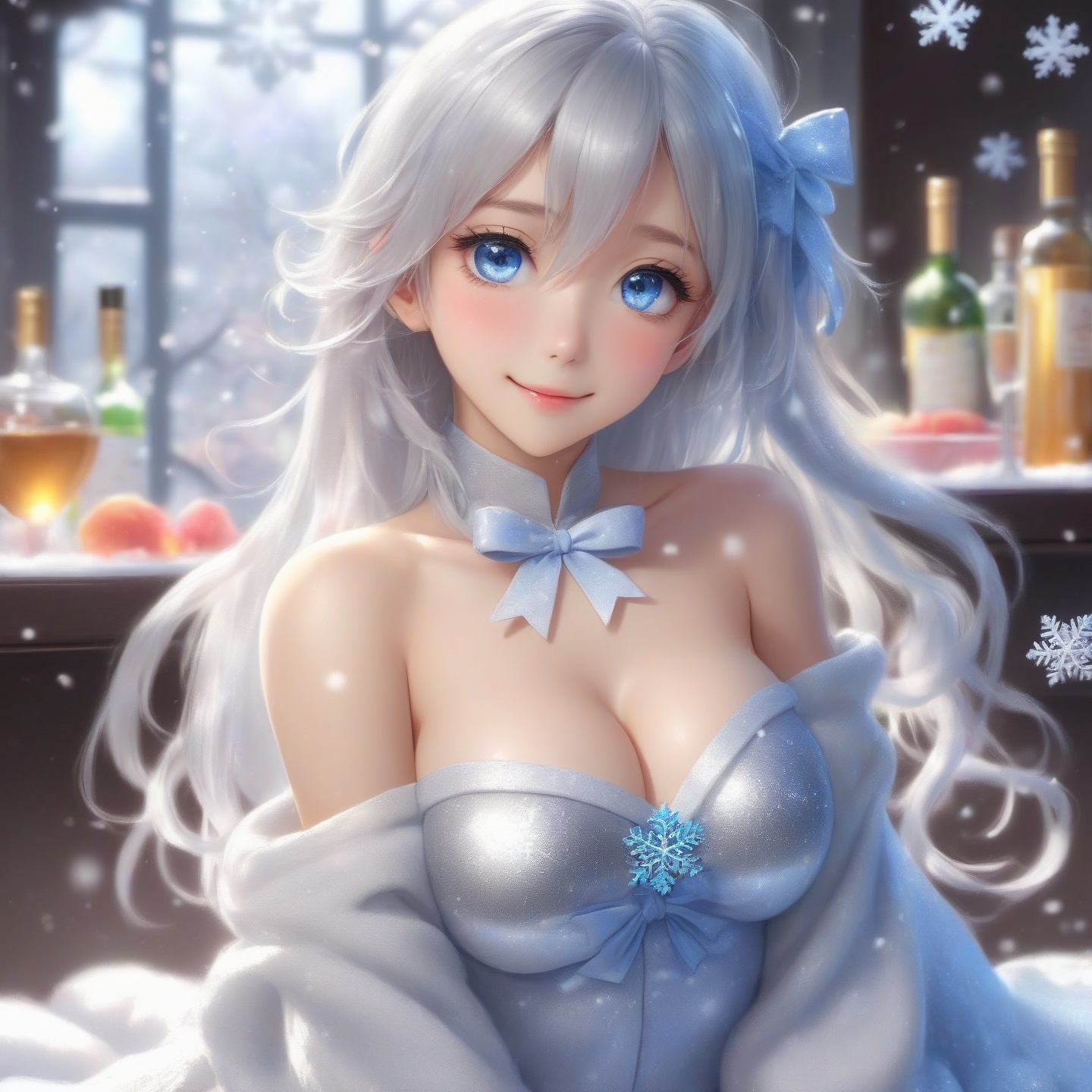 (masterpiece:1.2), (best quality), (extremely detailed CG wallpaper:1.2), (best shadow), (cinematic lighting:1.2), depth of field, colorful, (sideways,side,from side,focus on bare side-breast,(bare side-breast)),1girl, (loli), (medium breasts),(wet see-through silver|sliver sweater|bar_apron,snowflake texture sweater|bar_apron),(wet),smile, bare_shoulders, bare_navel,beautiful and detailed blue_eyes, long_silver_hair, precise hair,snowflake texture silver hair, :d, open_mouth, blush, small_breasts, on_back, looking_at_viewer, sitting,breasts covered by petals, detailed and beautiful colorful bow,cute body, petals covered_navel, snowflake