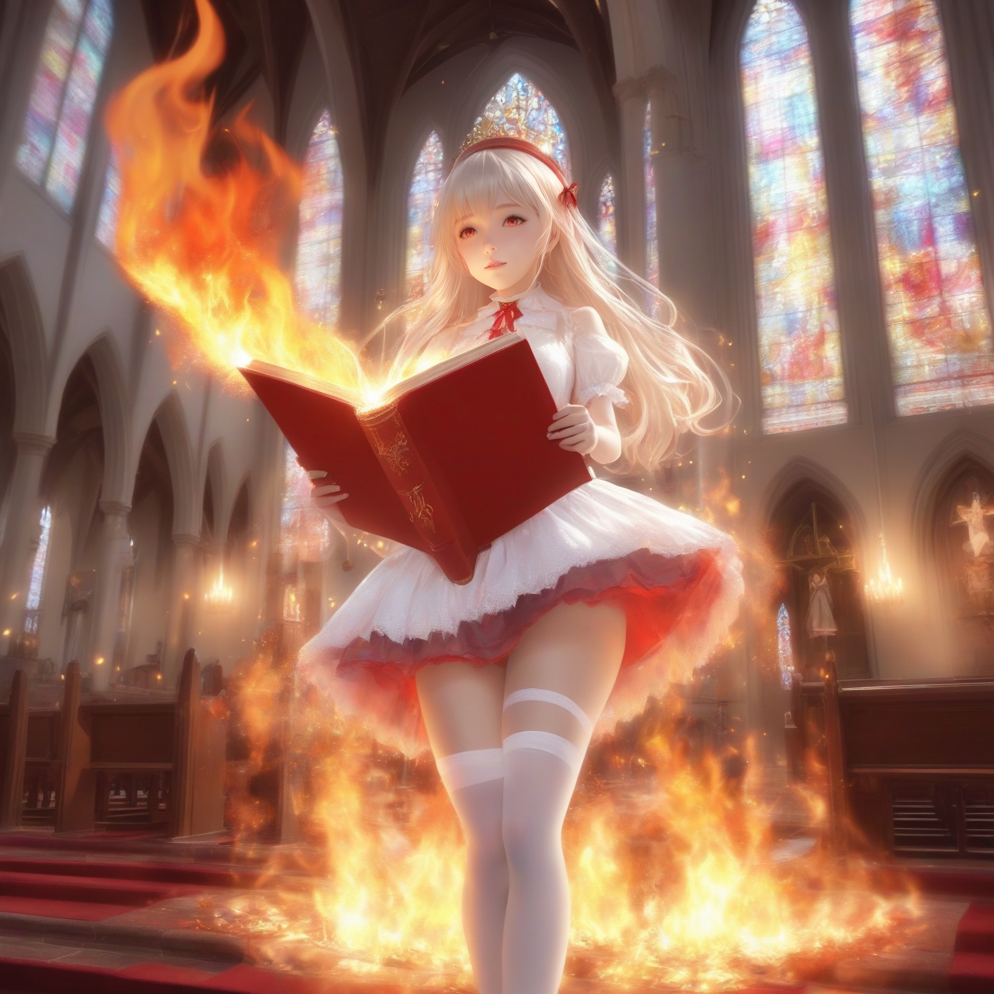 Anime, Illustration, Game CG, 1 girl, magic envoy, (white stockings), (((holding a red magic book)), ((flames, fantastic colors)), ((in a church)), fire, arson, super detail, game illustration, dynamic angle, full body surrounded by flames