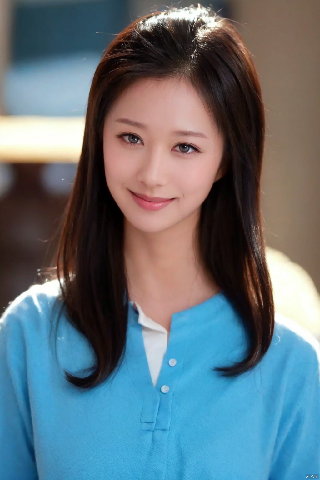  1girl, solo, long hair, looking at viewer, smile, simple background, brown hair, shirt, white background, brown eyes, closed mouth, upper body, collared shirt, lips, blue shirt, realistic,A mole at the corner of the mouth