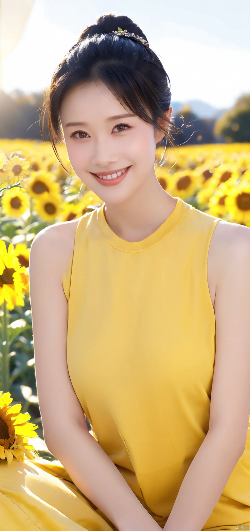  (masterpiece:1.2),(best quality:1.2),(high resolution:1.2)
 
CyberPanam, 1girl, solo, black hair, brown eyes, single hair bun, sitting in a sunflower field, smiling, sunlight, nhj