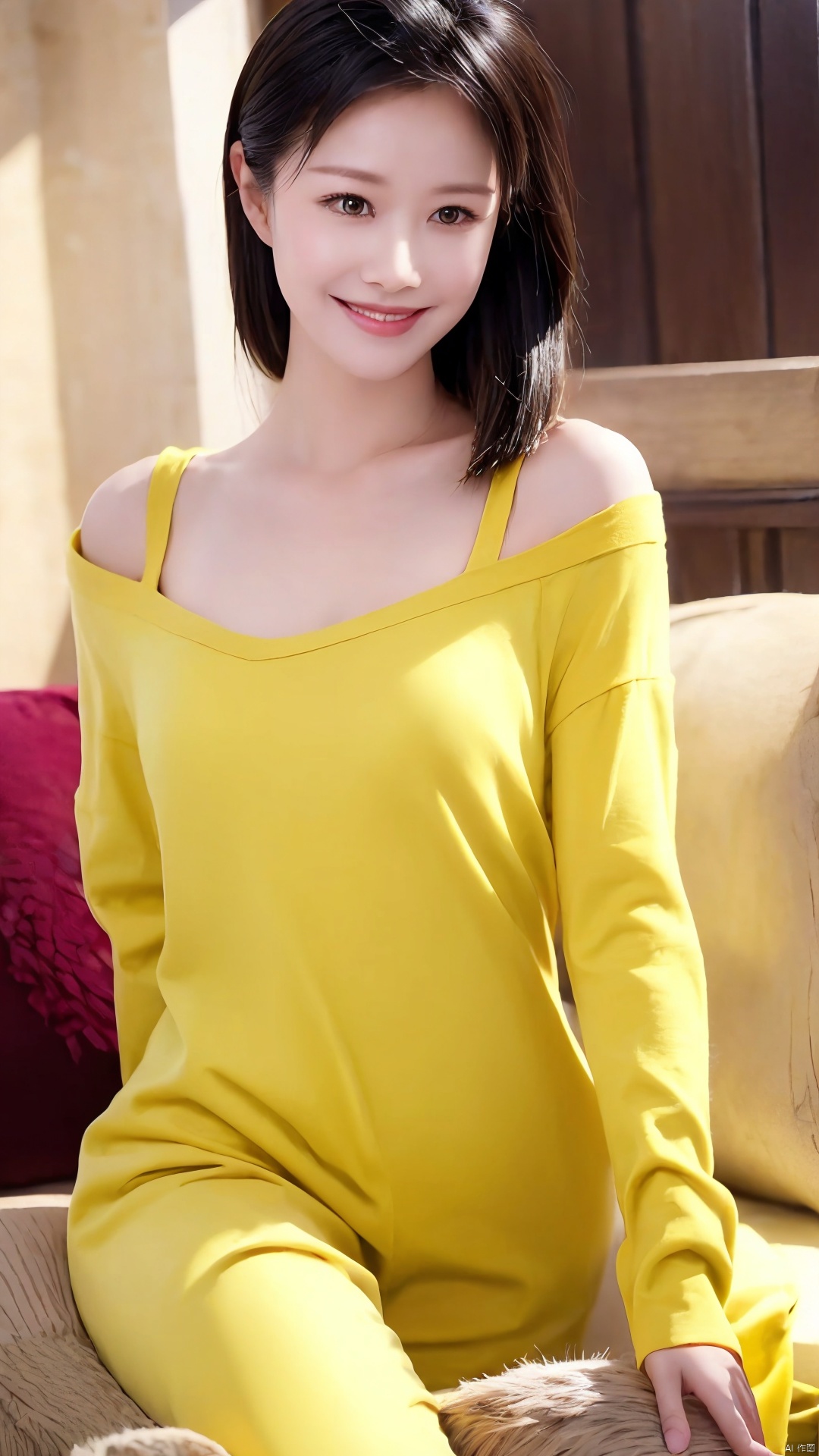  The image is a beautifully composed and executed photograph that showcases the photographer's skill and attention to detail. The combination of technical expertise, artistic vision, and emotional connection to the subject creates a captivating image. The image is rich in color, with warm hues of orange and yellow dominating the scene. The lighting is beautifully executed, creating a warm and inviting atmosphere. The woman's outfit is clearly visible and well-defined, adding to the overall clarity of the photograph. The image evokes a sense of calm and tranquility, with the woman's gentle smile and soft gaze adding a sense of warmth and comfort. The scene seems to invite the viewer to slow down and appreciate the beauty of the moment, creating a sense of peace and tranquility., nhj