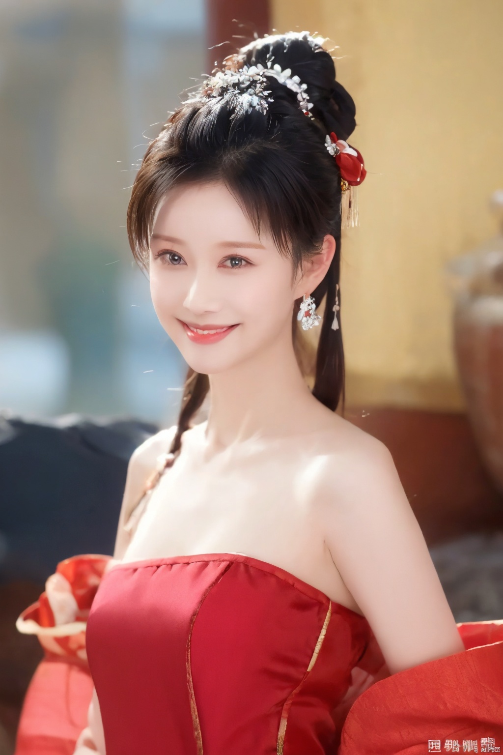  (1girl),,kind smile, 8k,original photo,best quality,masterpiece,realistic photo of a celebrity chinese red clothes,Bare shoulder,, ll-hd, wangyushan, 1girl, nhj